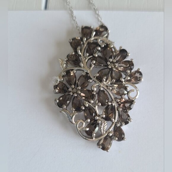 Vintage Sterling Silver Floral Filigree Smoky Quartz Crystal Pendant Necklace - Picture 13 of 16